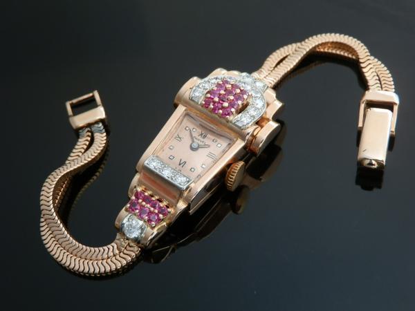 HARVEL WATCH Co 14K Solid Red Gold “COCKTAIL WATCH” Brilliant Cut Diamonds  & Rubies☆14金無垢ローズゴールド “カクテルウオッチ” ブリリアンカットダイヤ&ルビー Total:2.3ct/G-H-I/VS |  アンティーク時計の販売・修理・買取【クールオークション】